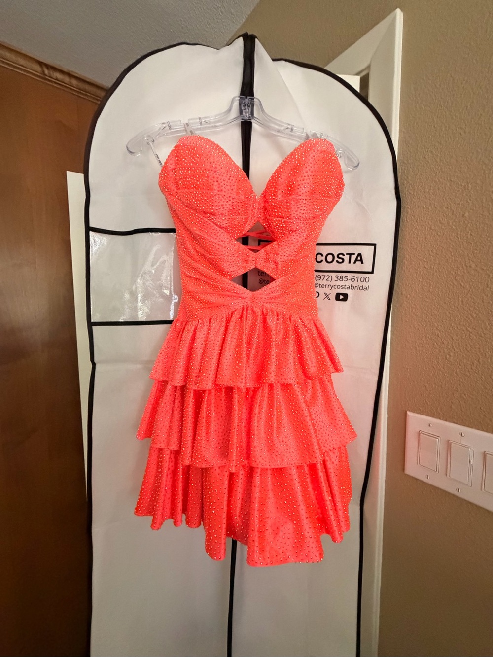Sherri Hill Neon Coral Strapless Ruffle Party Dress